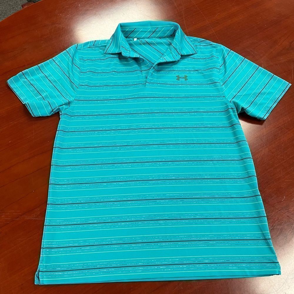 Under Armour Teal Stripe Loose Fit Heatgear Polo Shirt sz M EUC